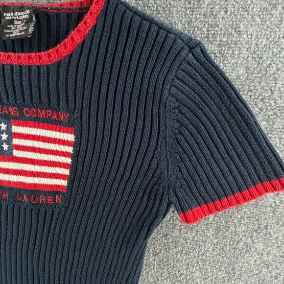 Ralph Lauren Polo Jeans Women Flag Sweater Large Short Sleeve Ribbed Red Blue - Picture 4 of 14